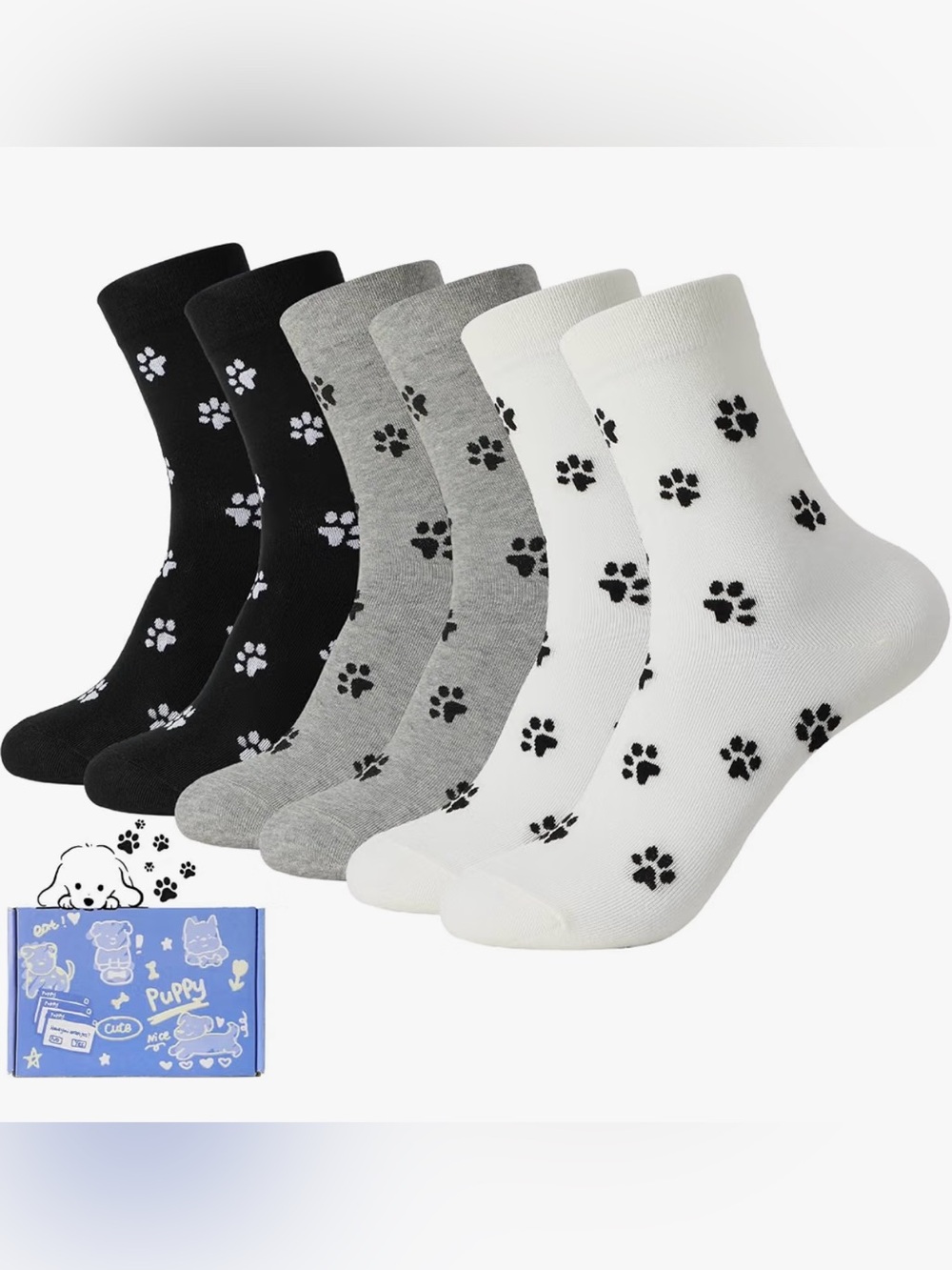 3 Pairs Paw Print Socks for Women Cute Dog Crew